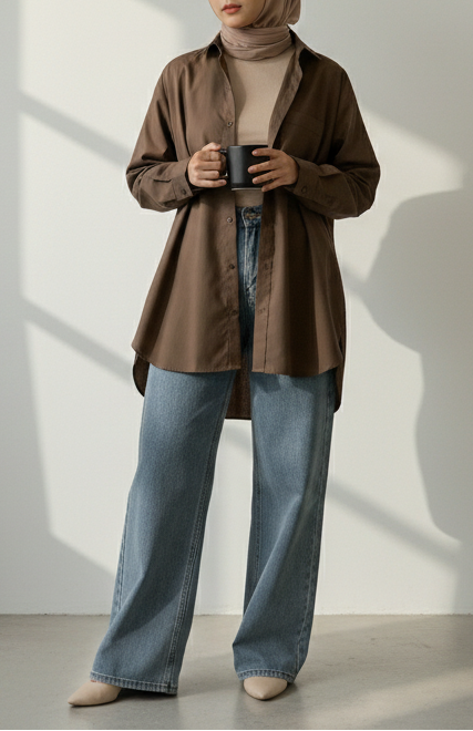 Coffee Brown Oversized Button-Down Shirt